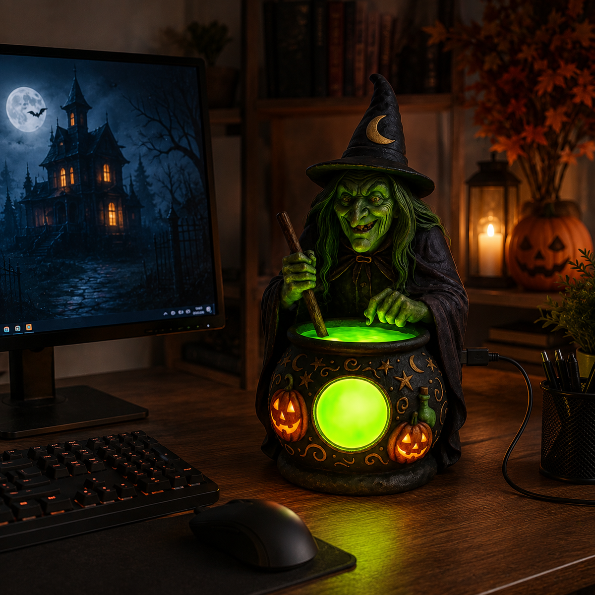 Hexenkessel Harz-Tischlampe mit Neongrüner LED