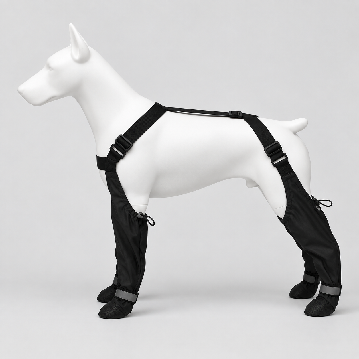 Hundestiefel mit Geschirr, Schwarz, Reflektierend für sicheren Halt