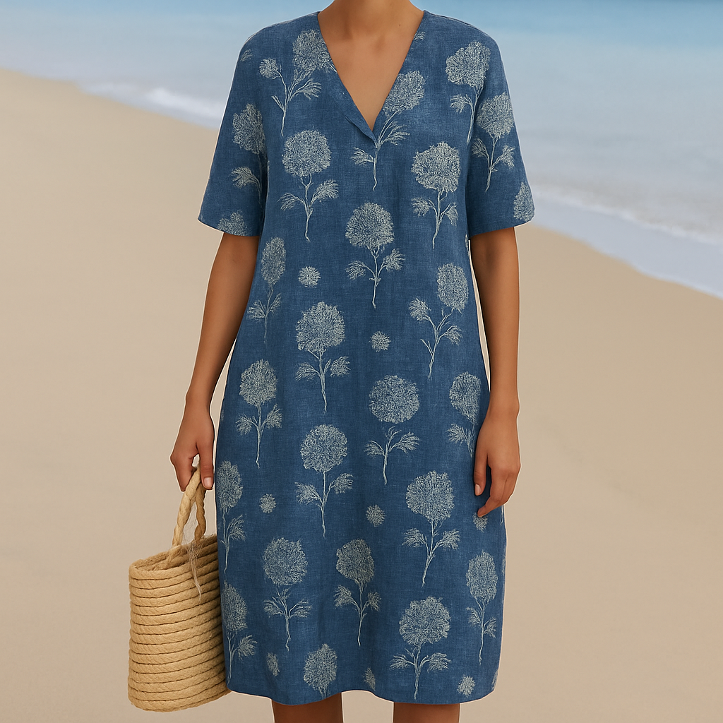 ALMA | Elegantes Indigo-Blumen Kleid für einen anspruchsvollen Look