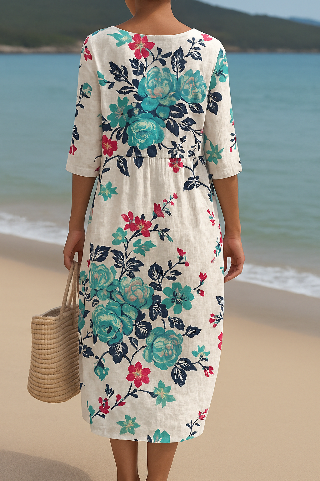 Élodie | Elegantes lange weiße Kleid mit wunderschönen türkisfarbenen Blumenverzierungen