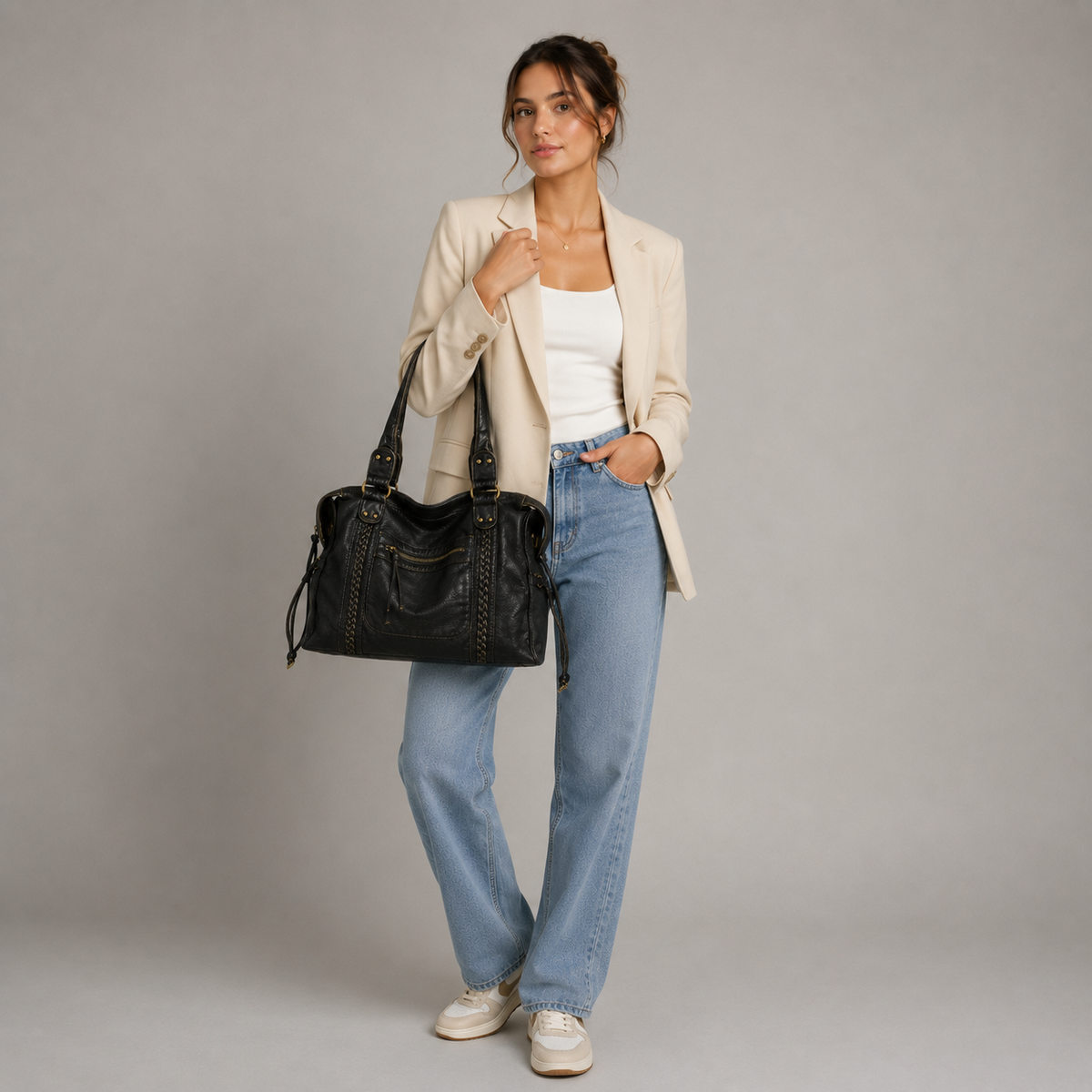 Schwarze Schultertasche Damen – Trendige Kunstleder-Handtasche mit Reißverschlussfächern