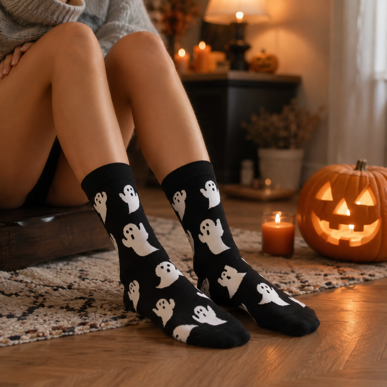 Halloween Socken Unisex mit Geistermotiv - Schwarz-Weiß