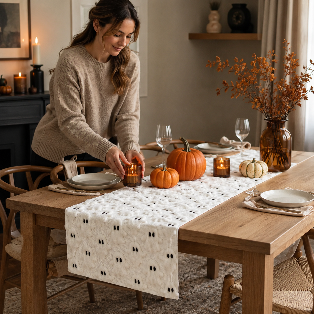 3D Tischläufer für Halloween: Geister & Kürbisse als saisonale Deko