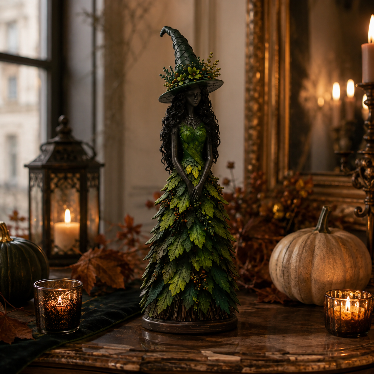 Hexenfigur Halloween Dekoration mit Herbstblättern - 12,2/18/31 cm