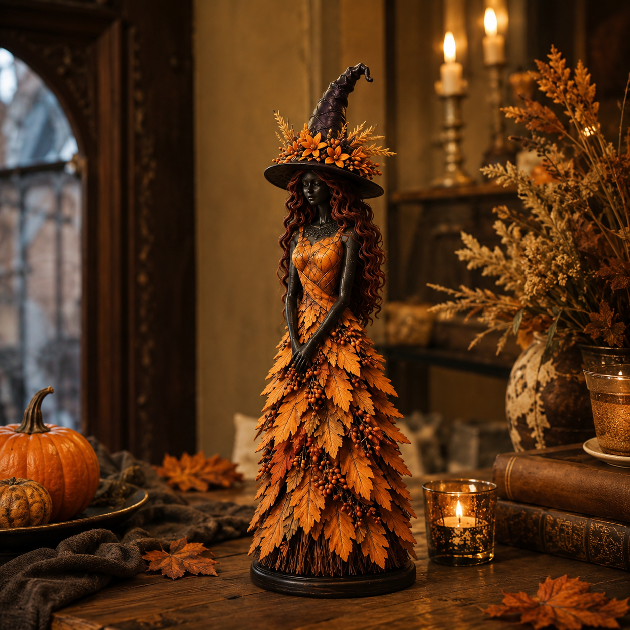 Hexenfigur Halloween Dekoration mit Herbstblättern - 12,2/18/31 cm
