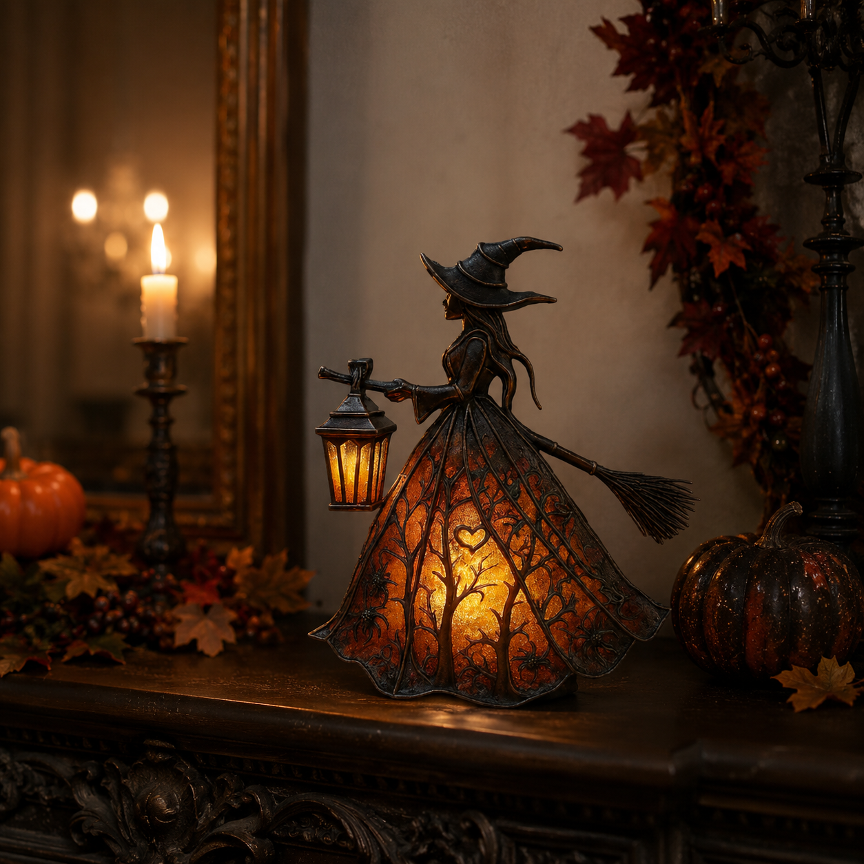 Hexenfigur beleuchtet - Halloween Tischdeko mit Laterne & USB