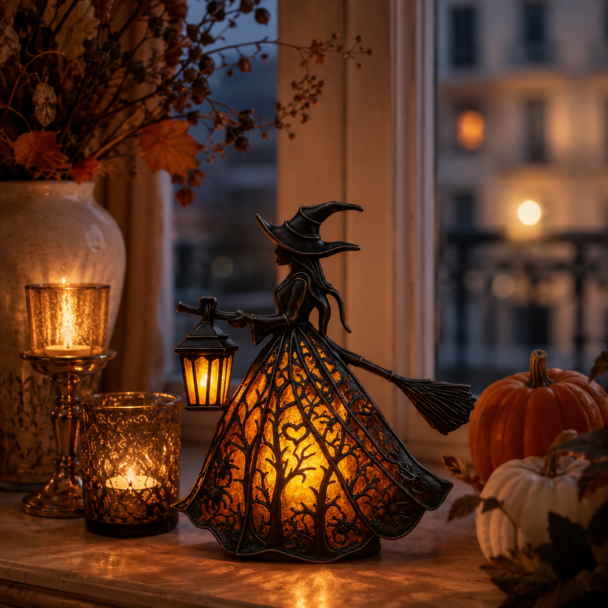 Hexenfigur beleuchtet - Halloween Tischdeko mit Laterne & USB