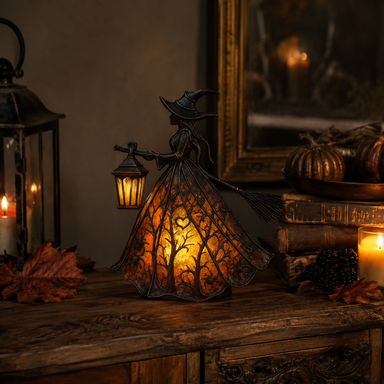 Hexenfigur beleuchtet - Halloween Tischdeko mit Laterne & USB