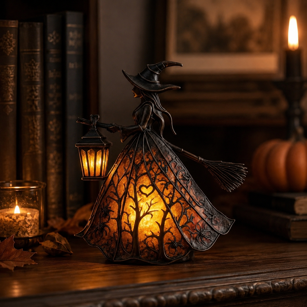 Hexenfigur beleuchtet - Halloween Tischdeko mit Laterne & USB