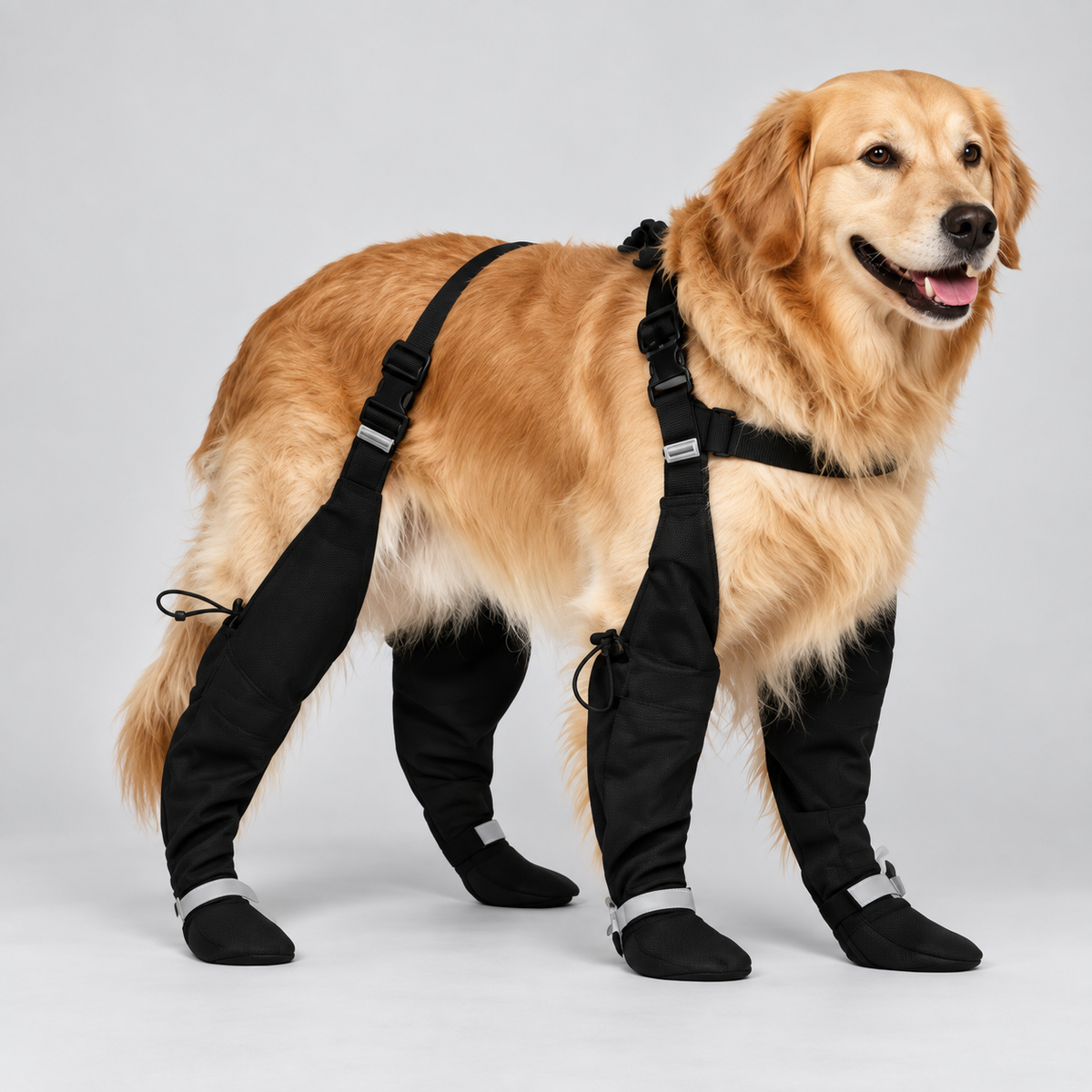 Hundestiefel mit Geschirr, Schwarz, Reflektierend für sicheren Halt