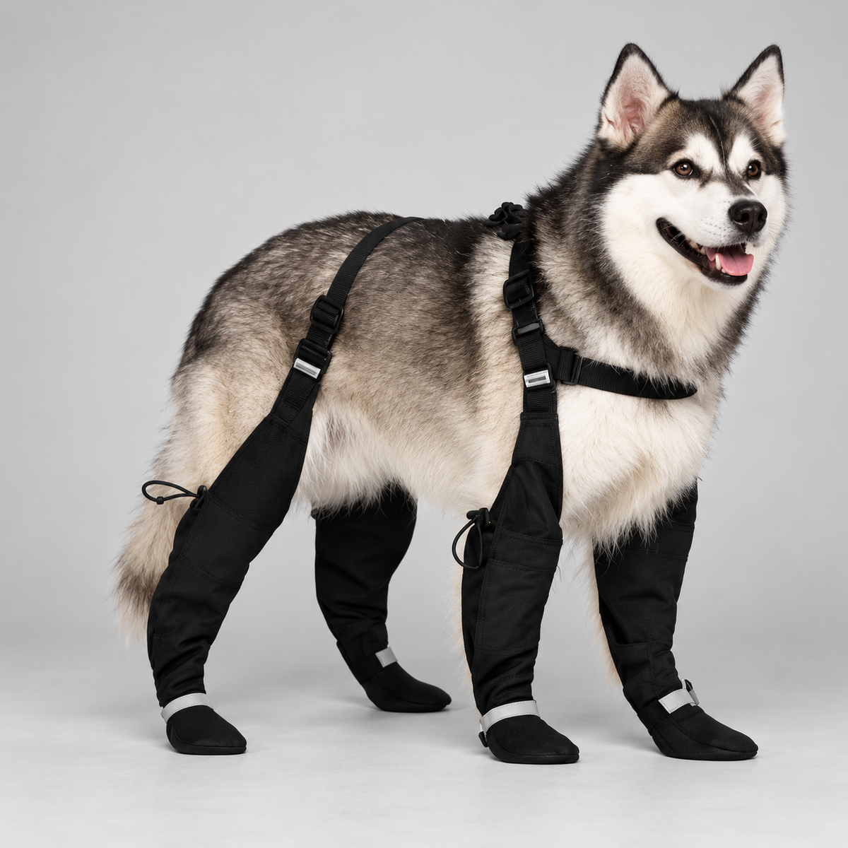 Hundestiefel mit Geschirr, Schwarz, Reflektierend für sicheren Halt