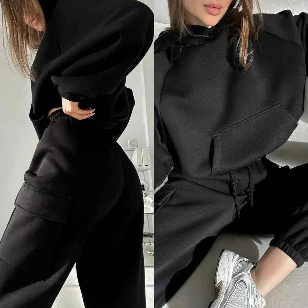 Jasmin Damen Bequemer Hoodie mit Cargo-Taschen & Passende Jogginghosen Set
