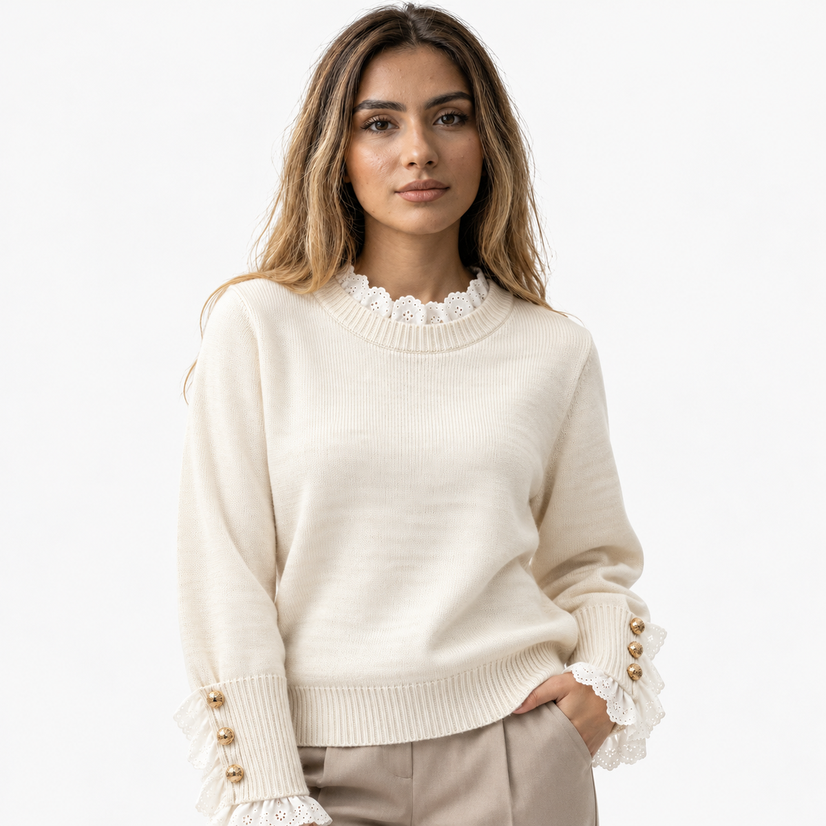 Maglione lavorato a maglia elegante da donna con scollo a coste ondulate alla moda