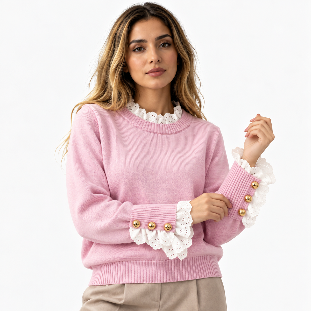 Maglione lavorato a maglia elegante da donna con scollo a coste ondulate alla moda