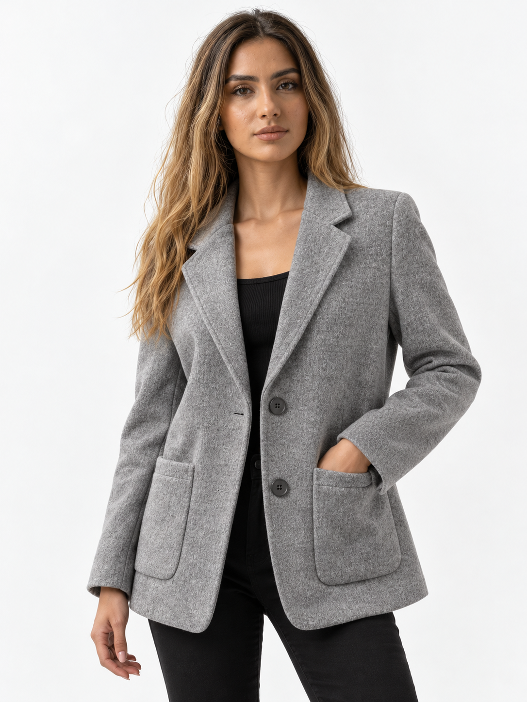 Damen Blazermantel aus Polyester mit Reverskragen, Knopfleiste und Taschen