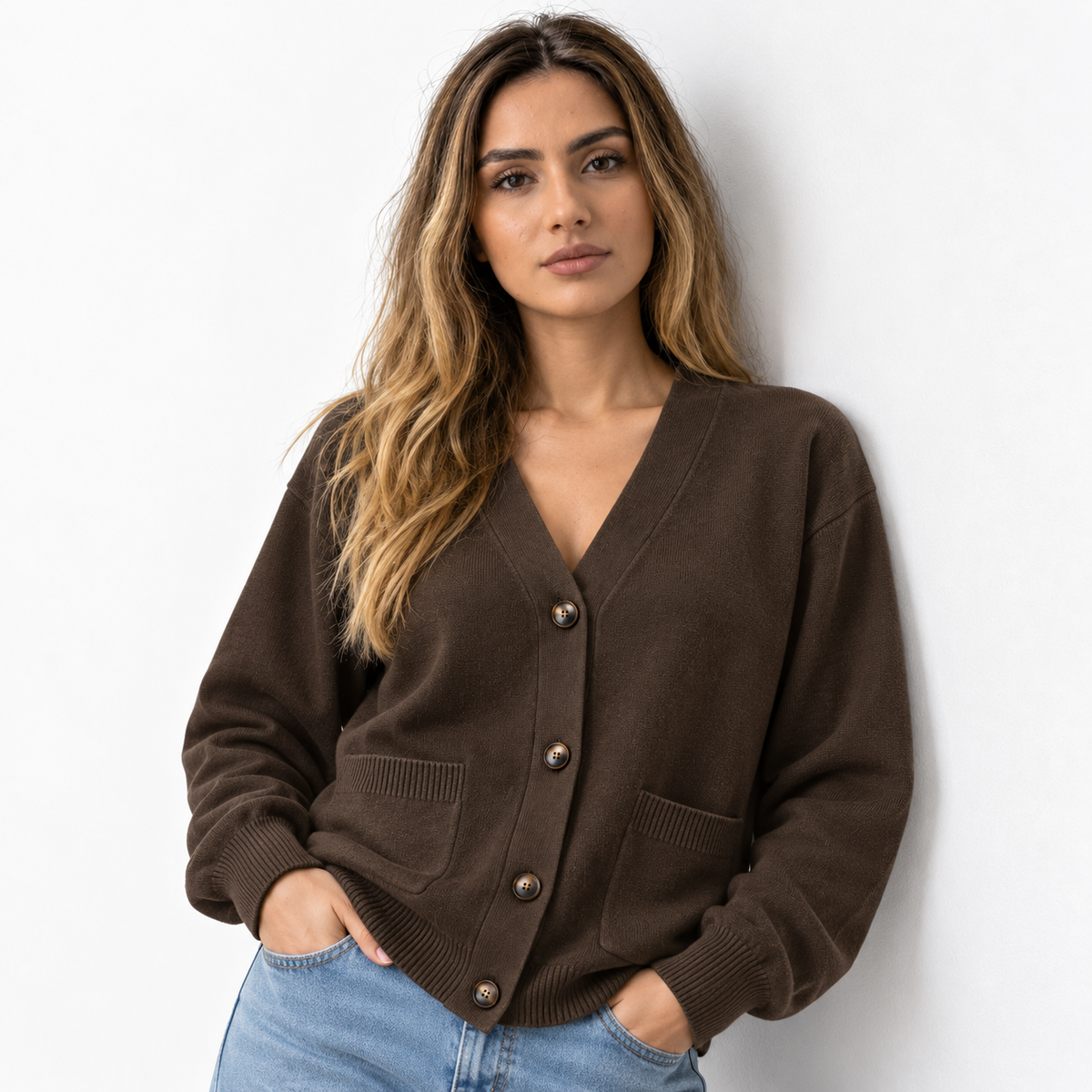 Damen Cardigan mit V-Ausschnitt und langen Ärmeln