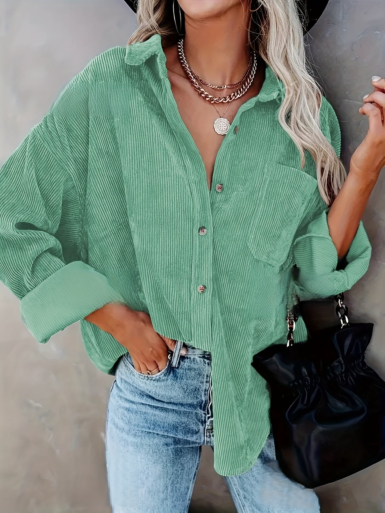 Damen Cord Overshirt mit Knopfleiste 1