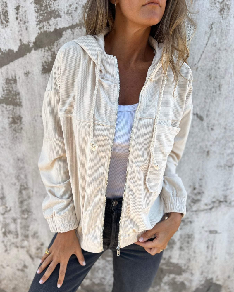 Damen Corduroy Kapuzenjacke mit Reißverschluss 0