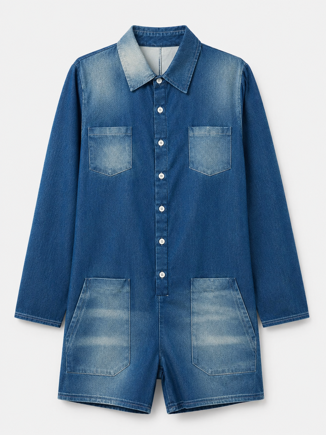 Damen Jumpsuit in Denim-Optik mit Langarm, Shorts und Taschen