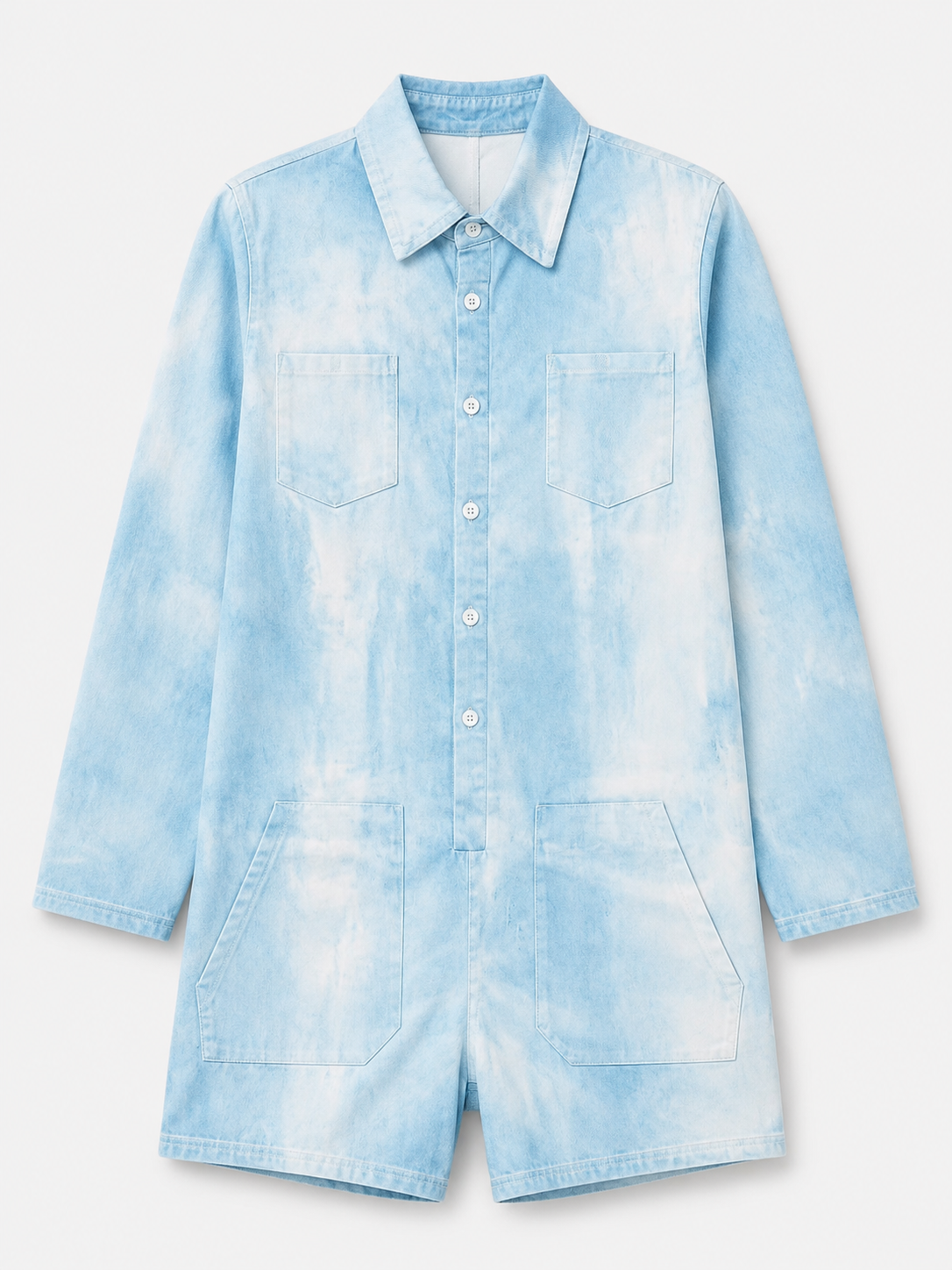Damen Jumpsuit in Denim-Optik mit Langarm, Shorts und Taschen
