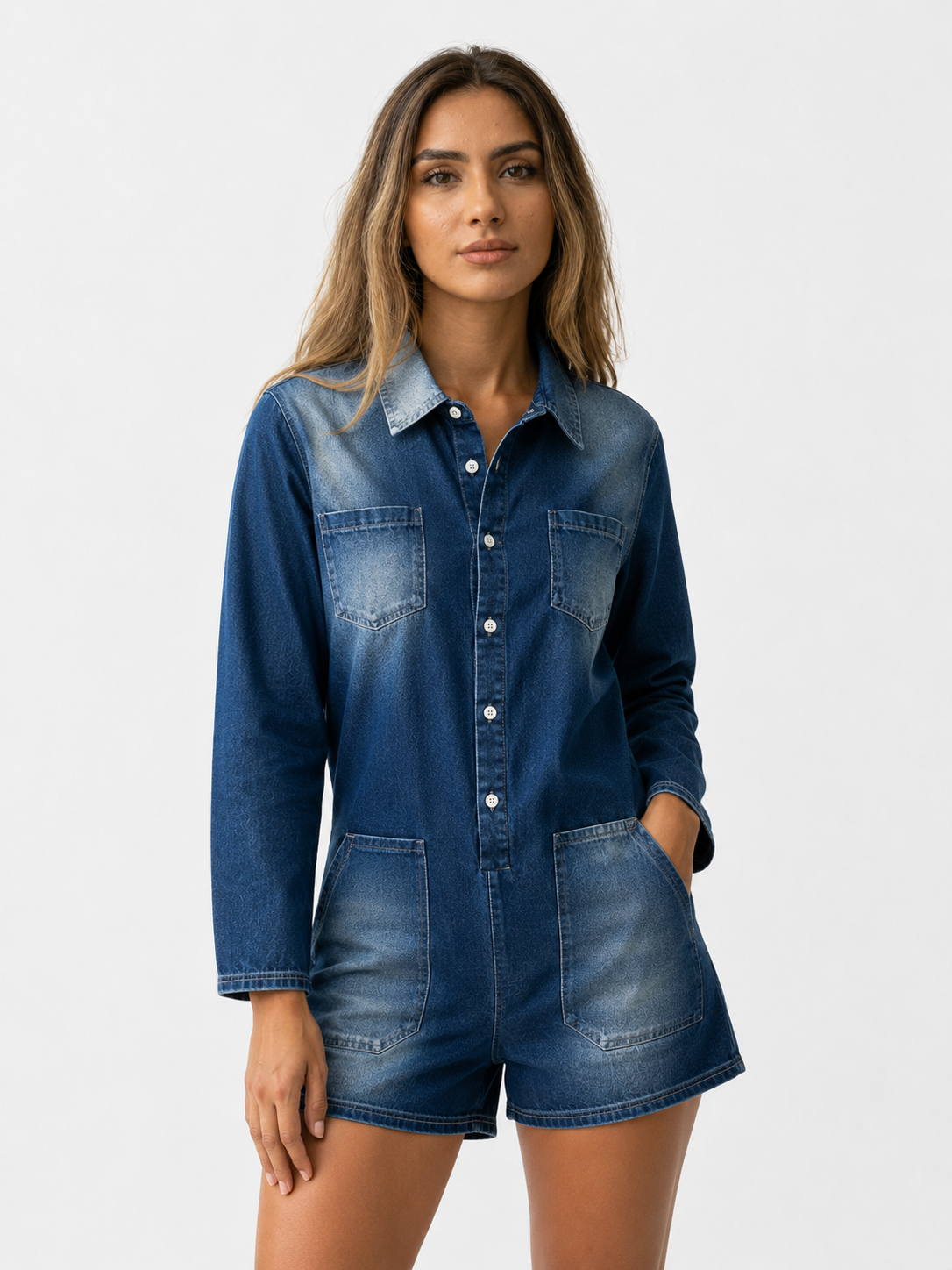 Damen Jumpsuit in Denim-Optik mit Langarm, Shorts und Taschen