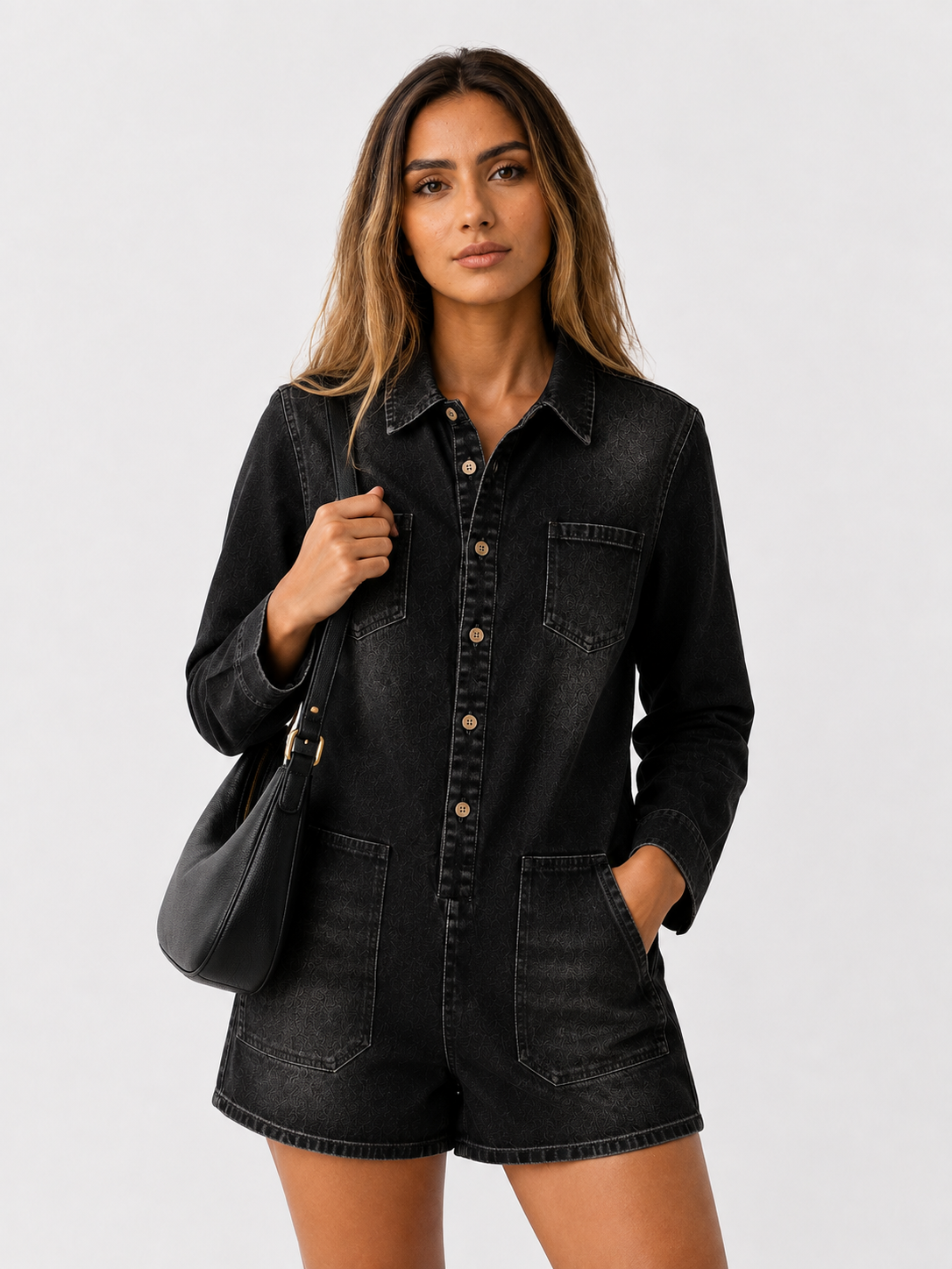 Damen Jumpsuit in Denim-Optik mit Langarm, Shorts und Taschen