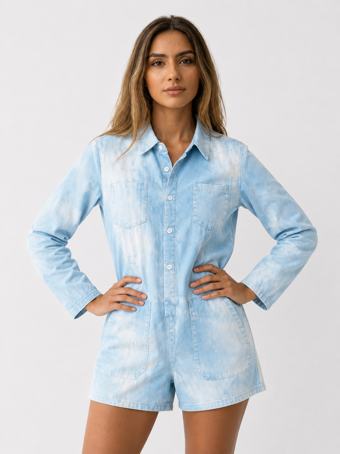 Damen Jumpsuit in Denim-Optik mit Langarm, Shorts und Taschen