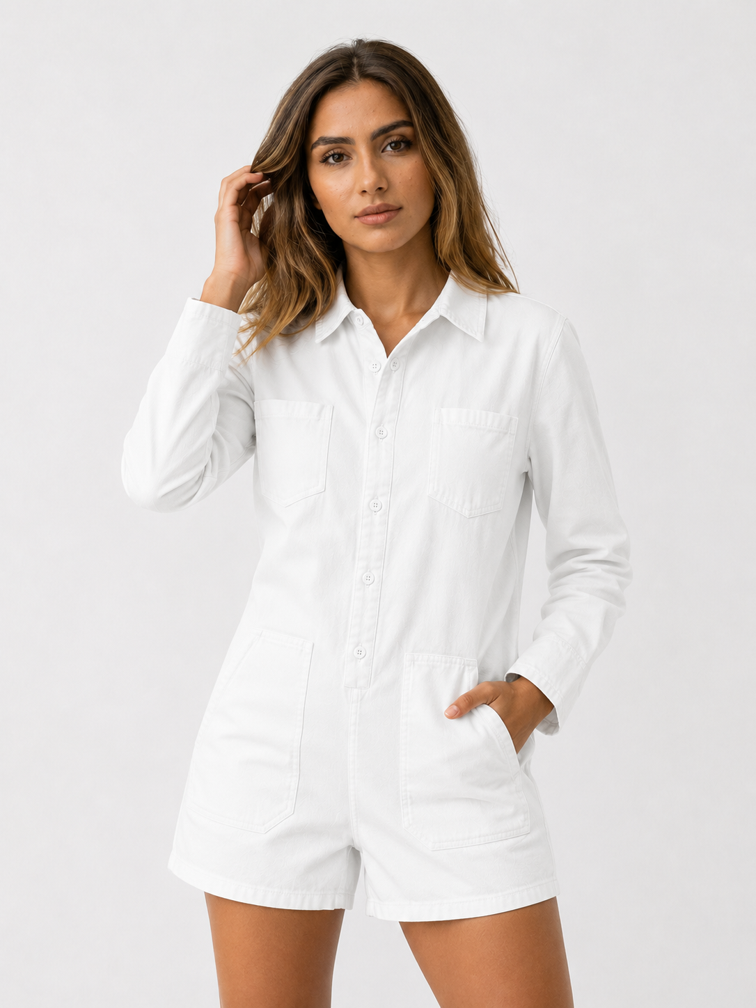 Damen Jumpsuit in Denim-Optik mit Langarm, Shorts und Taschen