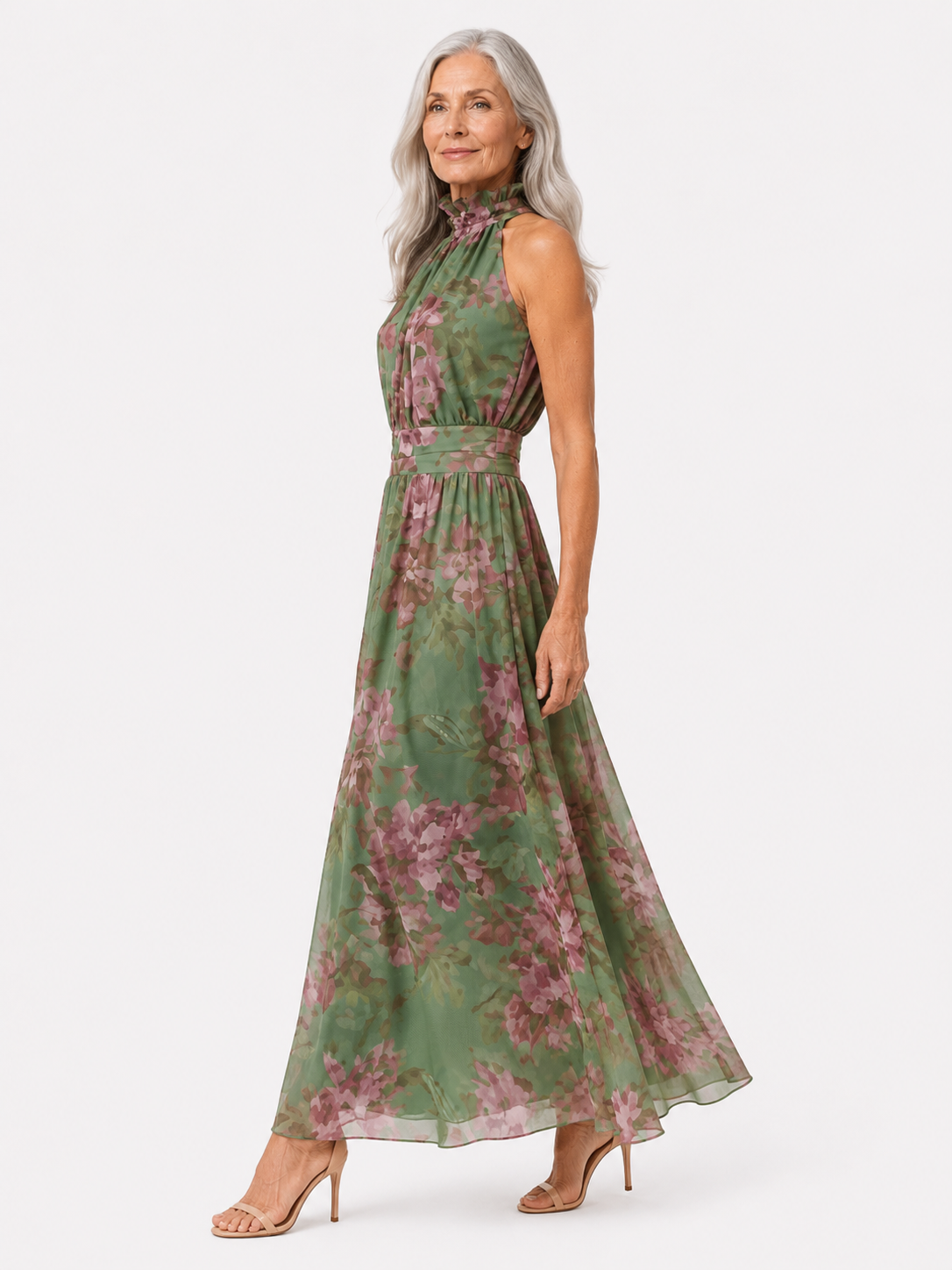 Damen Maxikleid aus Polyester mit Blumenmuster und Neckholder