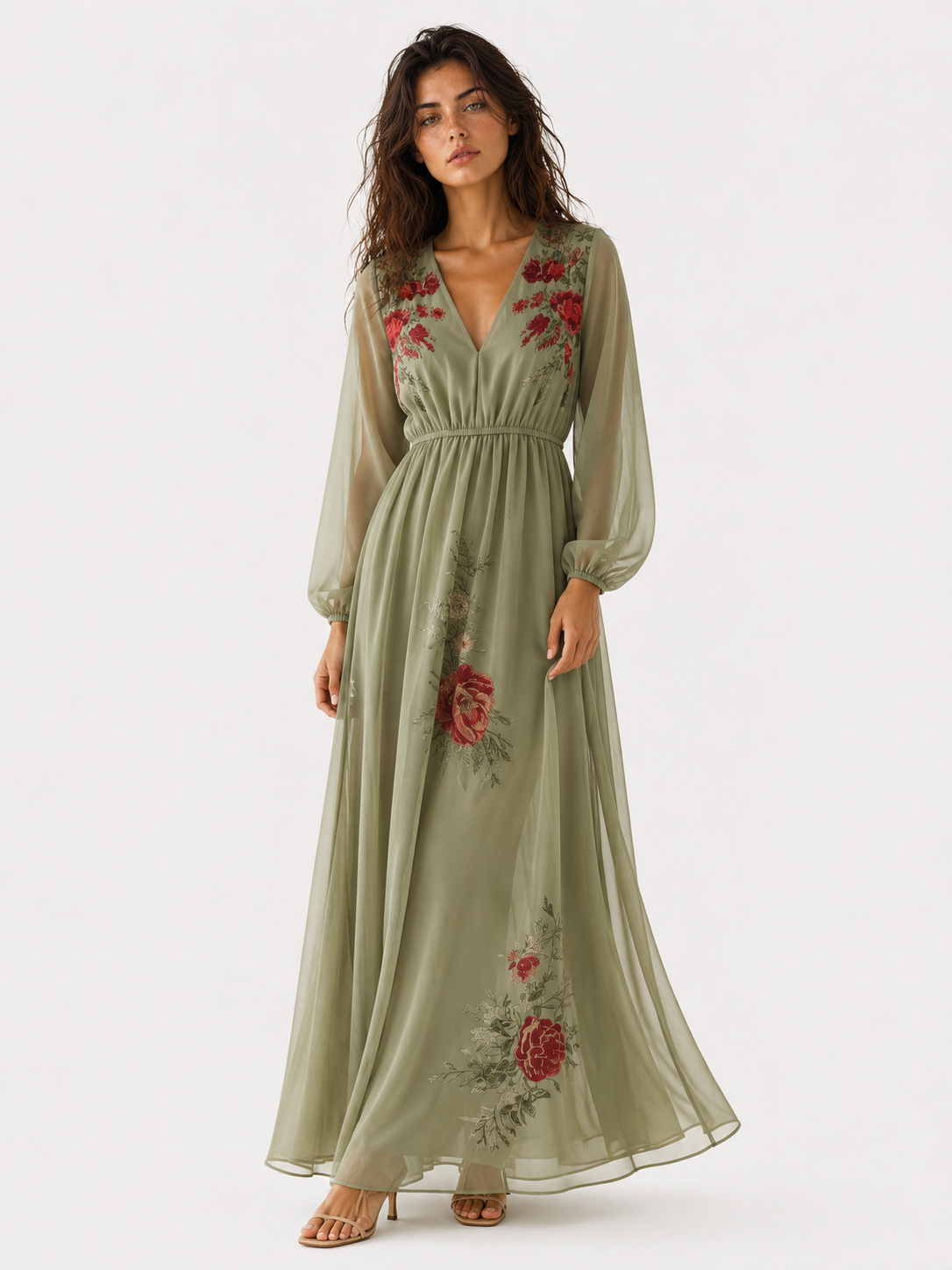 Damen Maxikleid aus Polyester mit V-Ausschnitt und Blumenstickerei