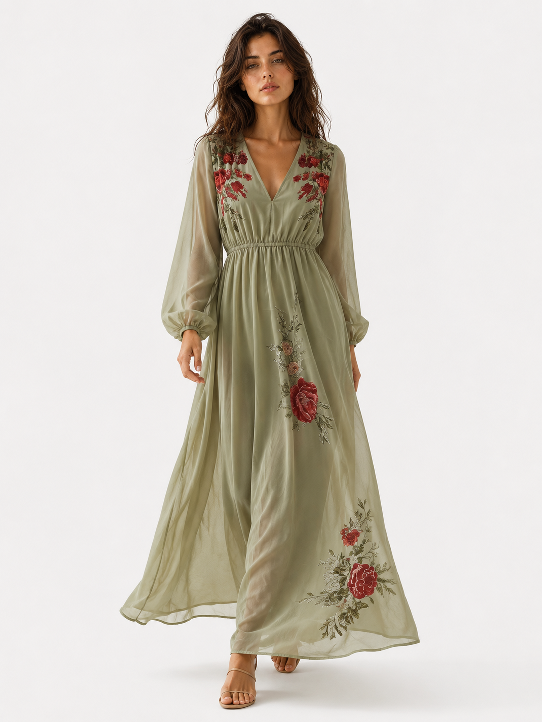 Damen Maxikleid aus Polyester mit V-Ausschnitt und Blumenstickerei
