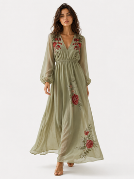 Damen Maxikleid aus Polyester mit V-Ausschnitt und Blumenstickerei