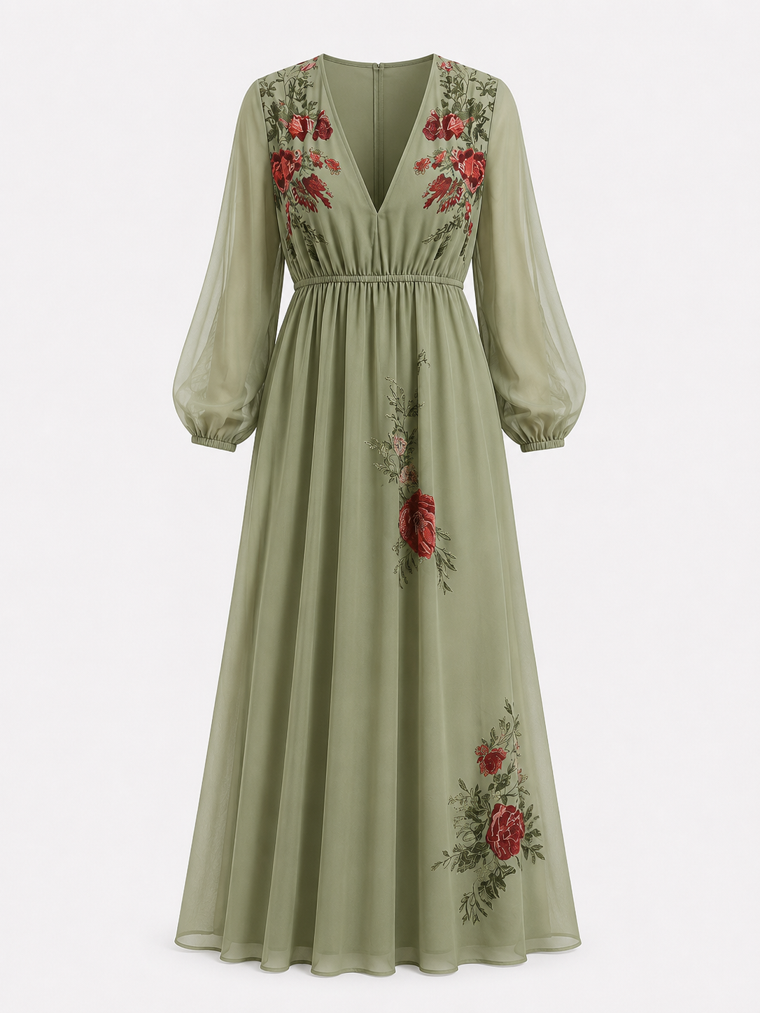 Damen Maxikleid aus Polyester mit V-Ausschnitt und Blumenstickerei