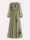 Damen Maxikleid aus Polyester mit V-Ausschnitt und Blumenstickerei