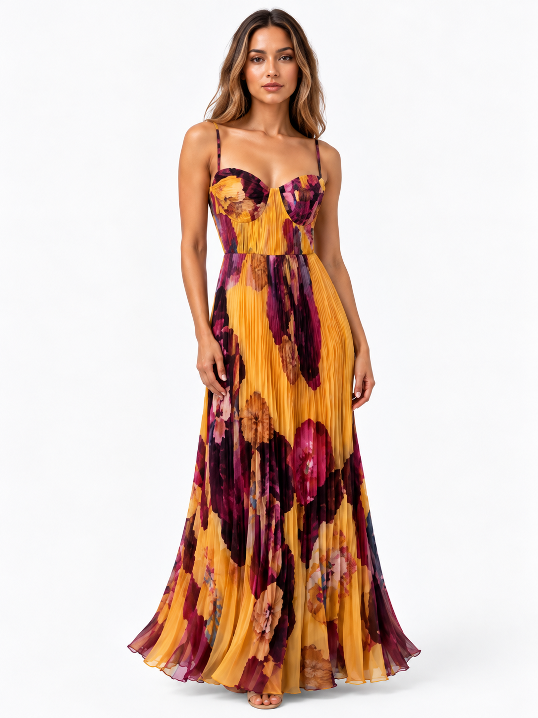 Vestido largo plisado elegante sin tirantes con estampado
