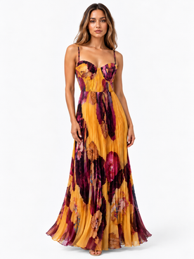 Damen Maxikleid aus mit Blumenmuster und Plissierung