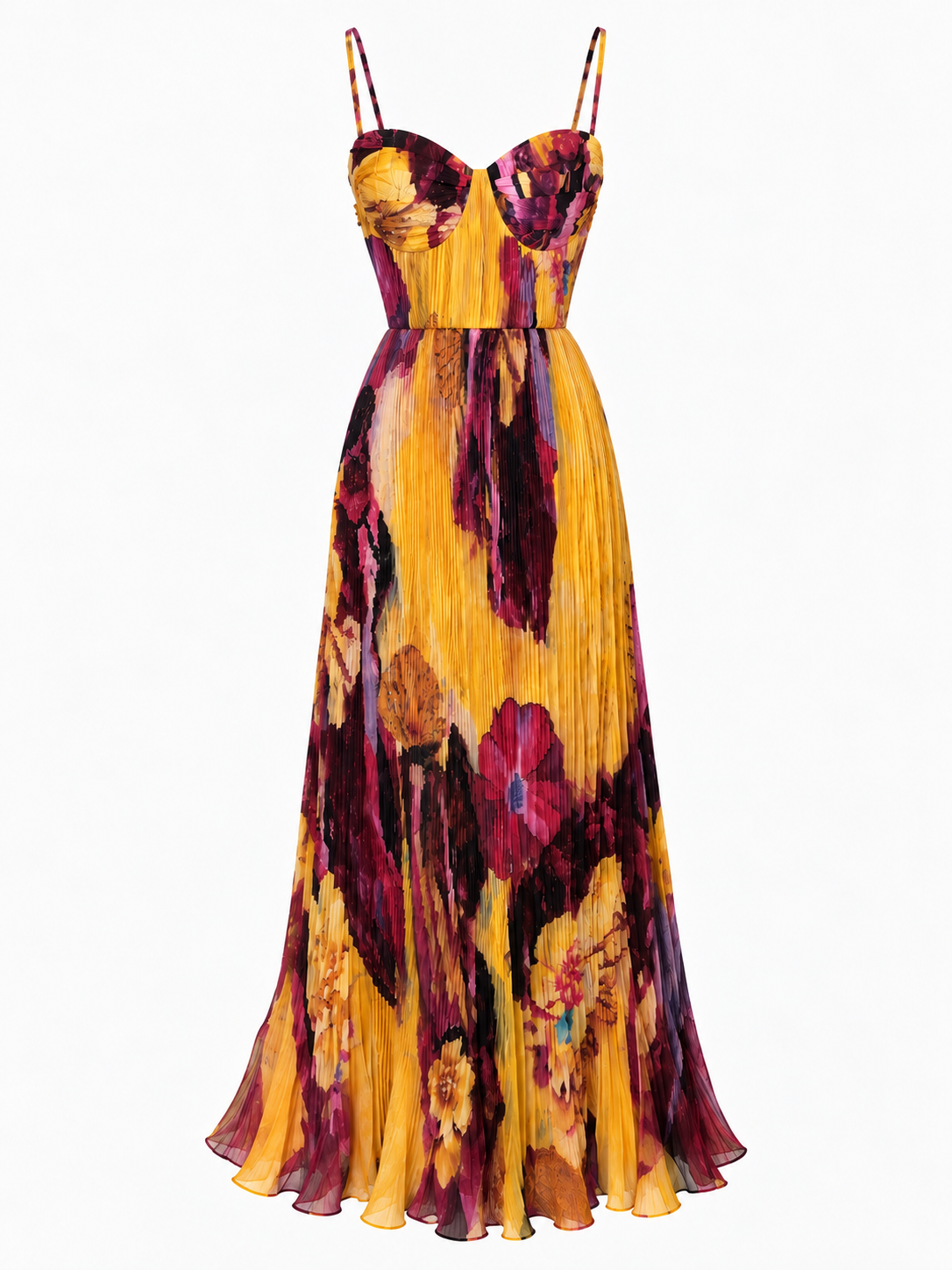 Vestido largo plisado elegante sin tirantes con estampado