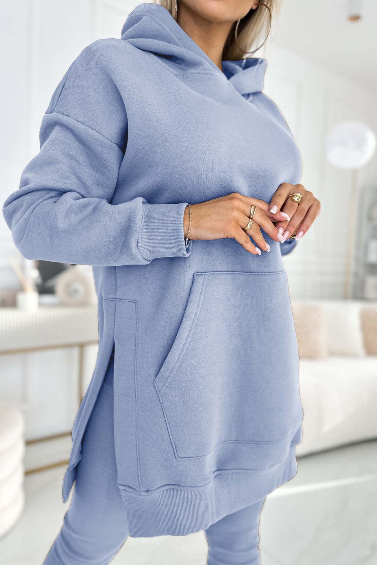 Damen Midikleid mit Schlitz und Kapuze 1