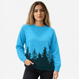 Damen Strickpullover aus Polyester mit Rundhalsausschnitt und Waldmotiv