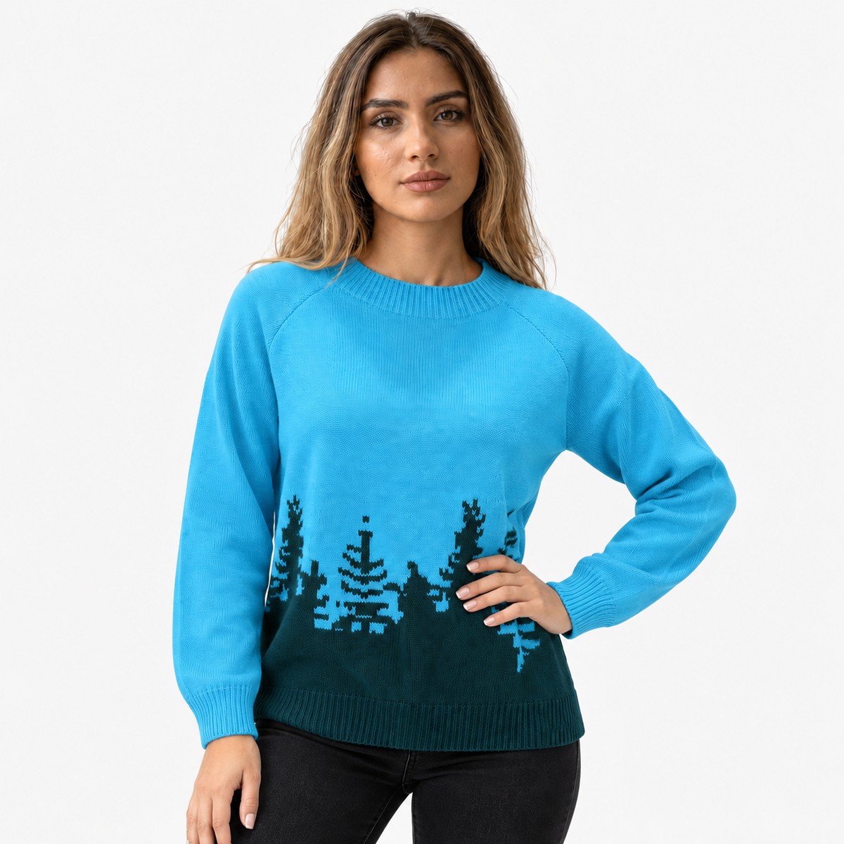 Damen Strickpullover aus Polyester mit Rundhalsausschnitt und Waldmotiv