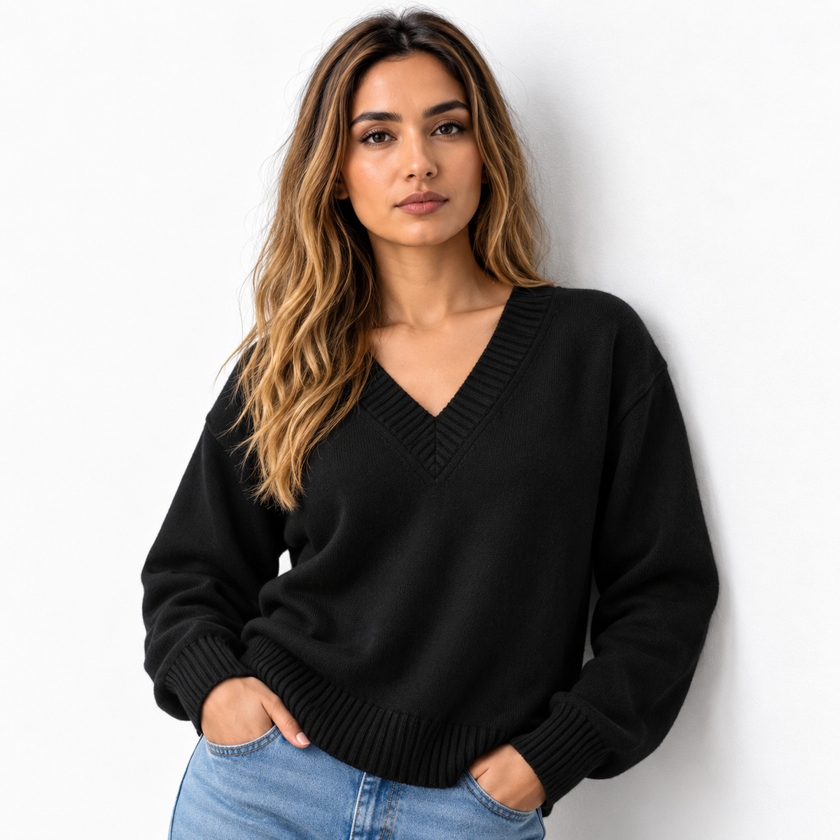 Damen Strickpullover mit V-Ausschnitt und langen Ärmeln