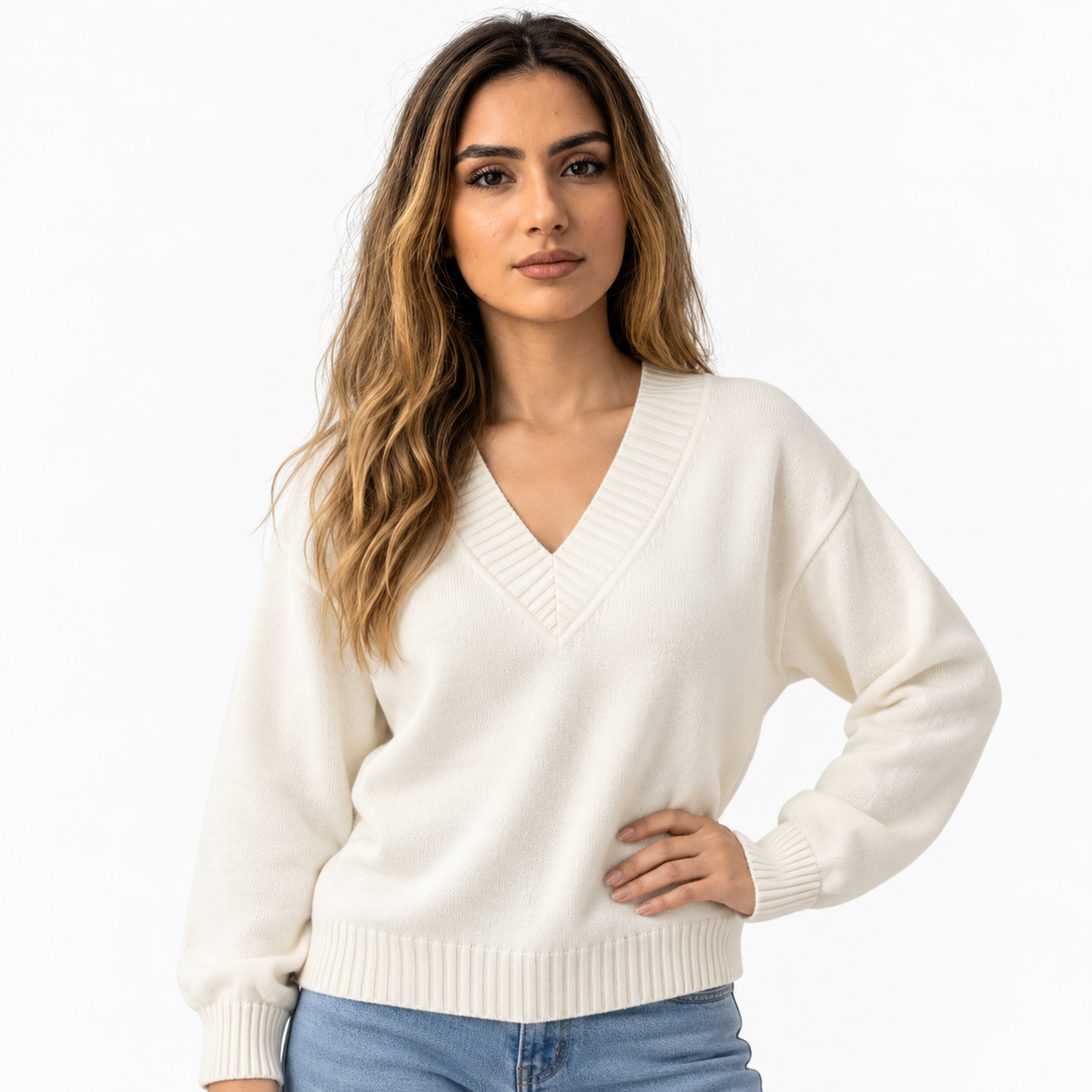 Damen Strickpullover mit V-Ausschnitt und langen Ärmeln