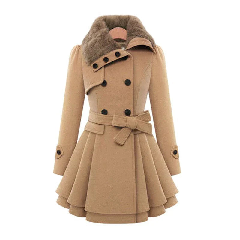 Damen Trenchcoat mit Gürtel und veganem Pelz 0