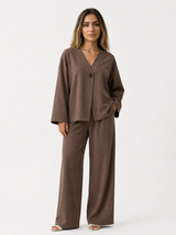 Damen Zweiteiler aus Polyester mit V-Ausschnitt und Weit Geschnittener Hose