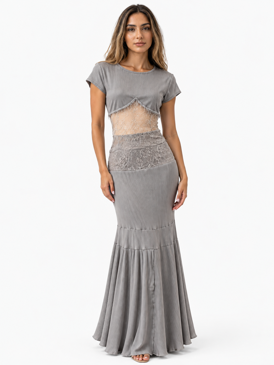 Elena Set with Lace-Insert Top and Pleated Maxi Skirt