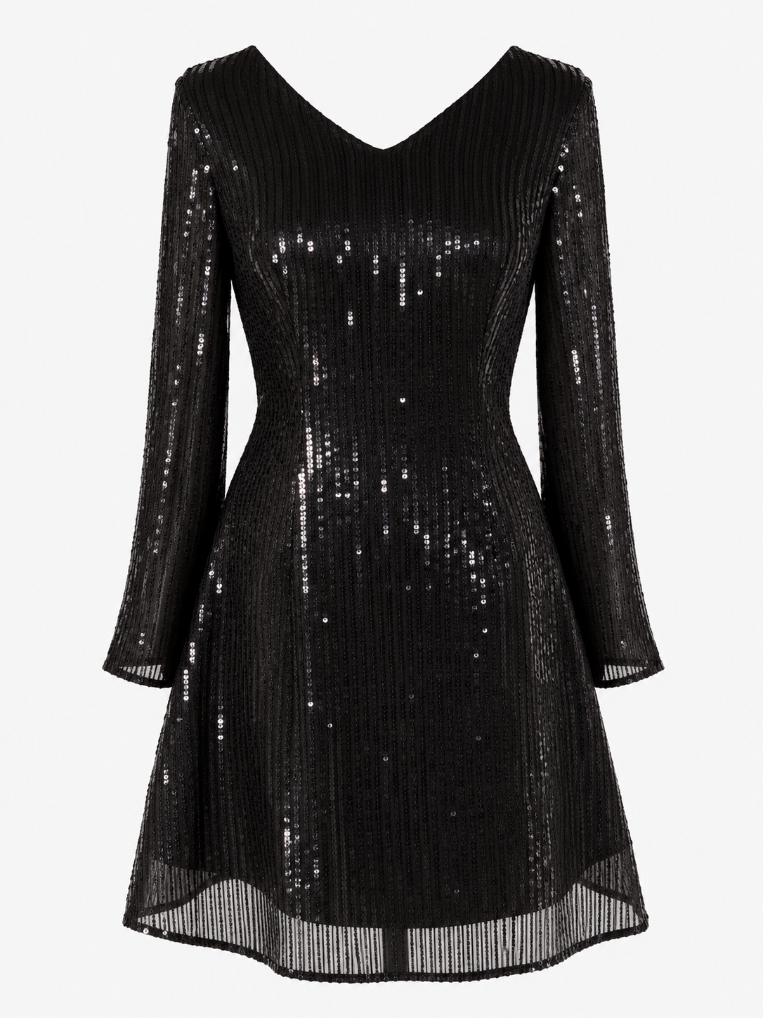 Damenkleid aus Polyester mit V-Ausschnitt, langen Ärmeln und Glitzerdetails