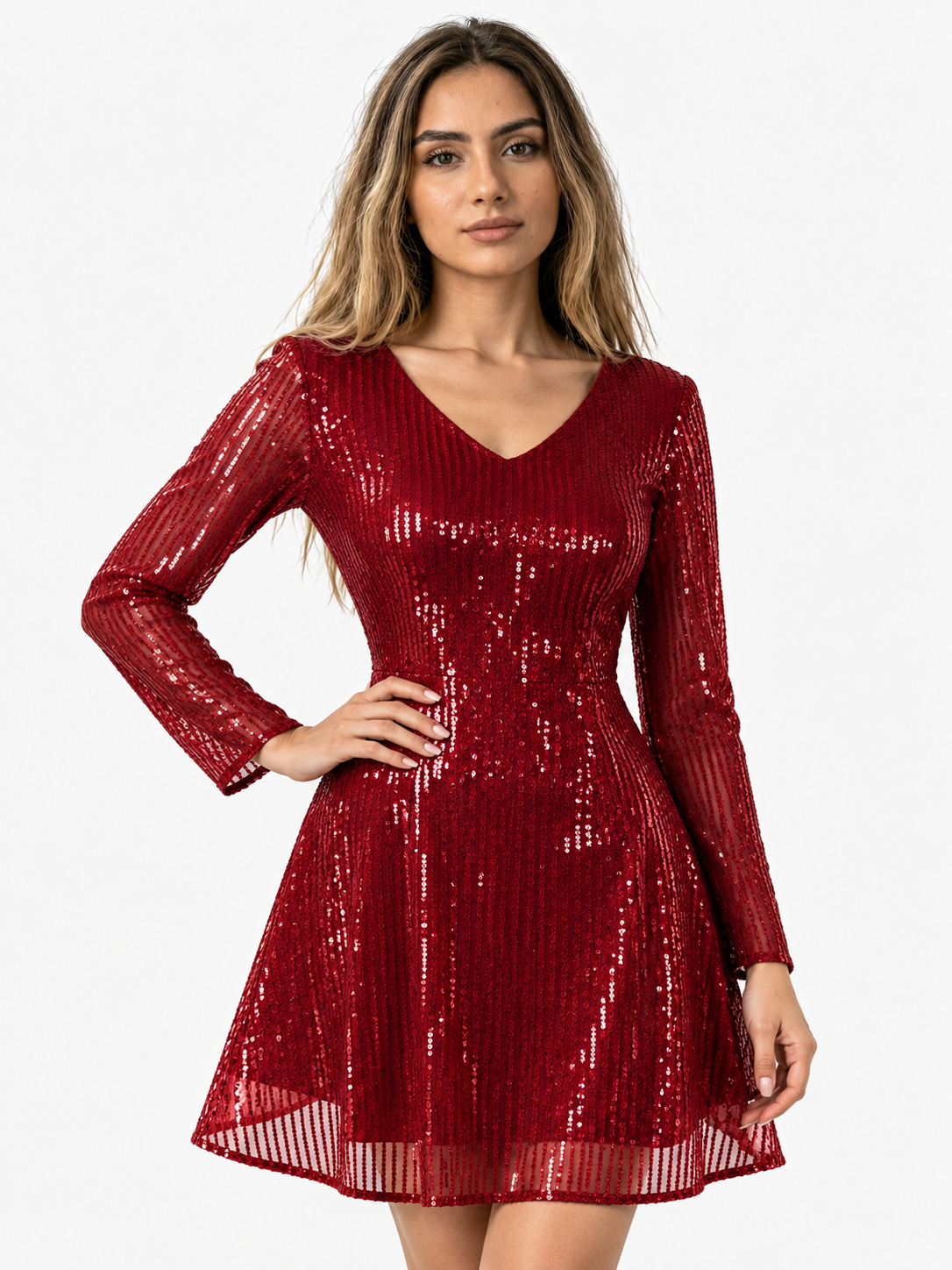 Damenkleid aus Polyester mit V-Ausschnitt, langen Ärmeln und Glitzerdetails
