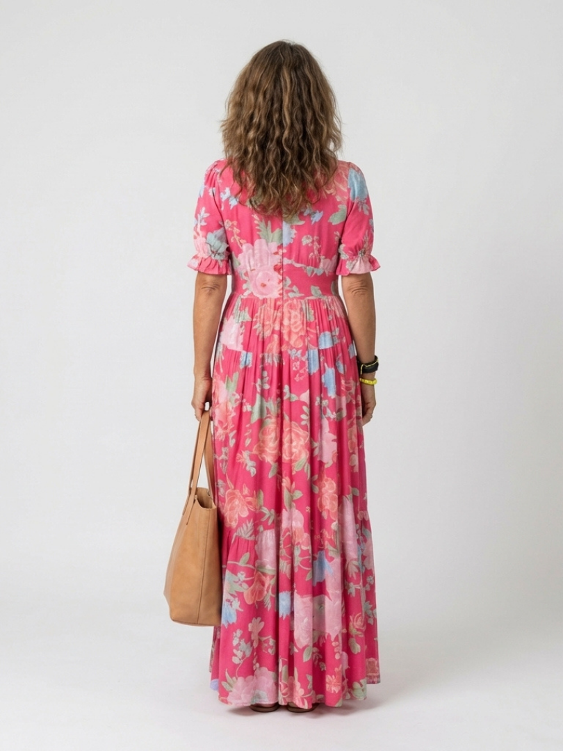 Ione | Kurzarm-Midikleid mit Blumenmuster und V-Ausschnitt