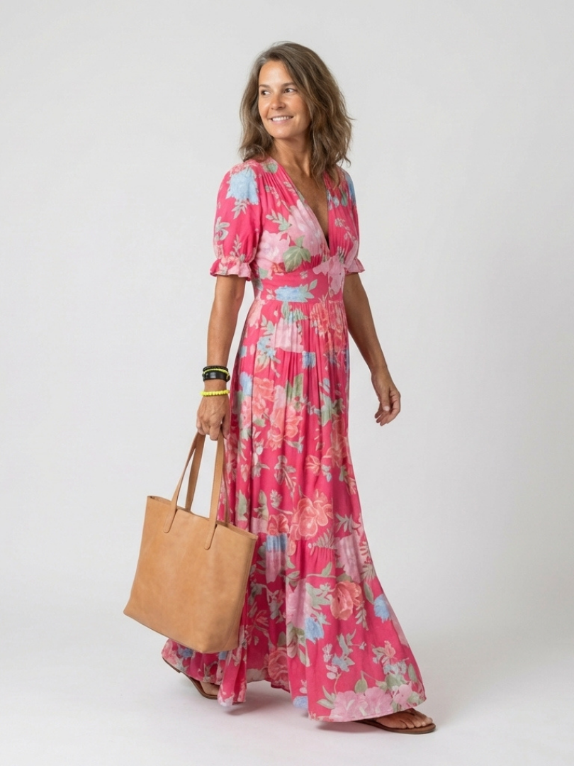 Ione | Kurzarm-Midikleid mit Blumenmuster und V-Ausschnitt