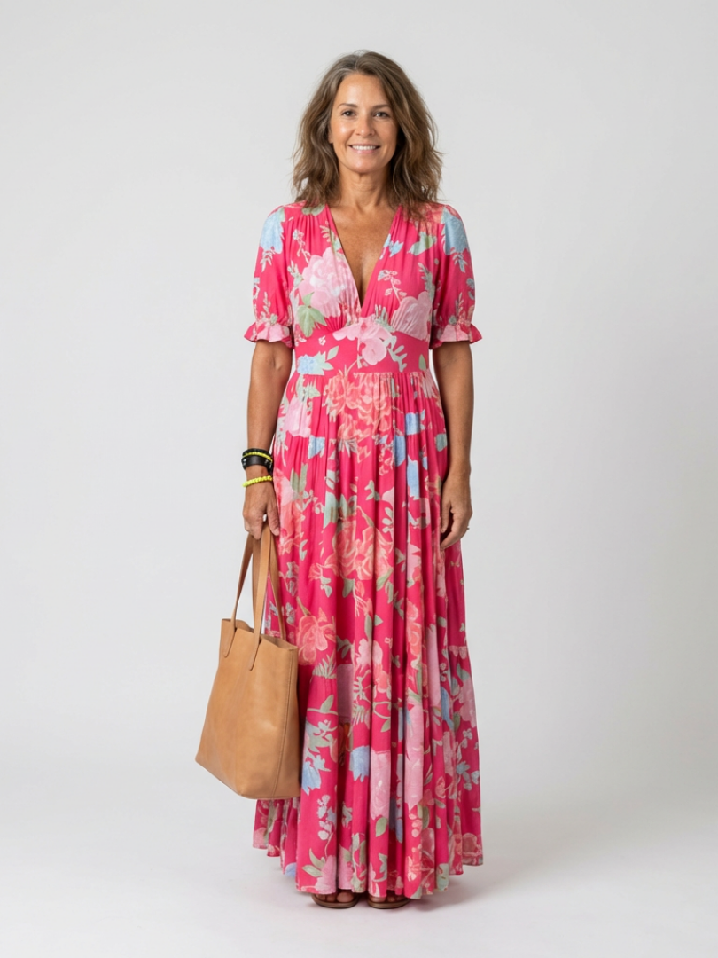 Ione | Kurzarm-Midikleid mit Blumenmuster und V-Ausschnitt